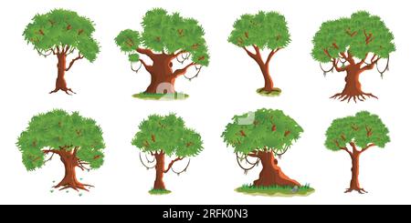 Eine Reihe von Cartoon-Bäumen, isoliert auf weißem Hintergrund Stock Vektor