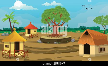 Schöne Landschaftslandschaft, Dorfbild, mit stilvollem flachem Design, Bäumen, Banner und Feld Stock Vektor