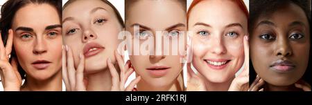 Banner. Zusammengesetztes Bild von schönen jungen Frauen Gesichter, die Emotionen ausdrücken und gesunde saubere Haut auf weißem Hintergrund zeigen. Stockfoto