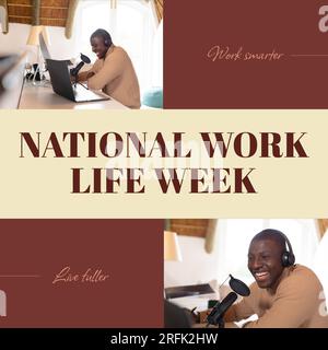 Text der National Work Life Week mit einem glücklichen afroamerikanischen Mann Podcasting mit Laptop und Mikrofon Stockfoto