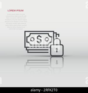 Dollarbanknote mit Schlosssymbol im flachen Stil. Dollar-Cash-Safe-Vektorgrafiken auf weißem isoliertem Hintergrund. Banknotenrechnung Sicherheit Geschäft Konce Stock Vektor
