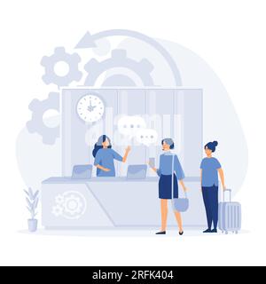 Hotelrezeption, Touristenempfang an der Rezeption im Innenbereich des Büros in der Lobby, Anmeldung Hotelservice im Hintergrund, flacher Vektor mit moderner Illustration Stock Vektor