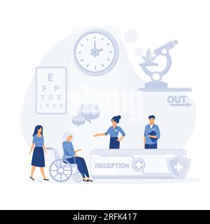 Aufnahme im Krankenhaus mit Patienten. Wartezimmer mit behinderten, flachen Vektoren und moderner Illustration Stock Vektor
