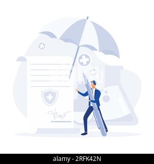 Der Mann ist krankenversichert. Krankenversicherungskonzept, Flachvektor-moderne Illustration Stock Vektor
