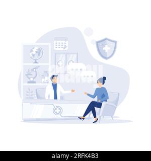 Patient in der Arztpraxis. Arztbesuch. Besuchen Sie Uns. Moderne Klinik. Flache Vektoren, moderne Illustration Stock Vektor