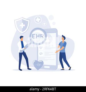 Elektronische Patientenakte, Ärztin liest medizinische Daten, Behandlungsverlauf, klinische Daten, Flachvektor moderne Illustration Stock Vektor