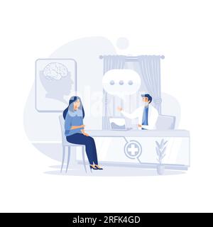 Klinisches Arbeitsbereichskonzept, Arzt in Maske, die Patientin konsultiert, Flachvektor, moderne Illustration Stock Vektor