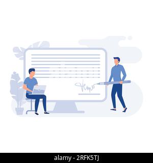 Digitale Benutzervereinbarung digitales Dokument mit elektronischer Signatur, flacher Vektor und moderner Illustration unterzeichnen Stock Vektor