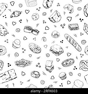 Backwaren in Schwarz und Weiß mit Doodle-Elementen Stock Vektor