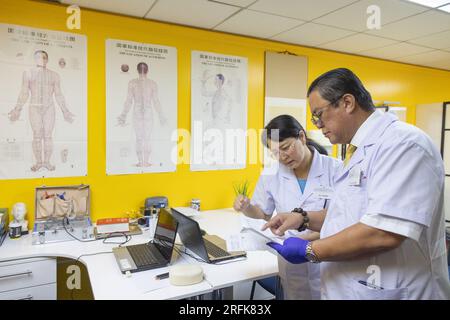 Budapest, Ungarn. 20. Juli 2023. Chen Zhen (R), Präsident des Zentrums für traditionelle Chinesische Medizin in Qihuang in Ungarn, spricht mit dem Experten Zhang Haifang im Zentrum in Budapest, Ungarn, am 20. Juli 2023. ZU „China Focus: Traditional Chinese Medicine brings overseas patients New Lease of Life“: Attila Volgyi/Xinhua/Alamy Live News Stockfoto