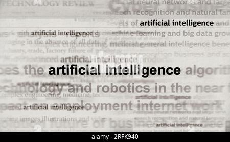 Künstliche Intelligenz, maschinelles Deep Learning und KI-Chat-bot liefern Schlagzeilen in den internationalen Medien. Abstraktes Konzept von Nachrichtentiteln über Lärm Stockfoto