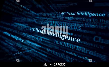 Künstliche Intelligenz, maschinelles Deep Learning und KI-Chat-bot liefern Schlagzeilen in den internationalen Medien. Abstraktes Konzept von Nachrichtentiteln über Lärm Stockfoto