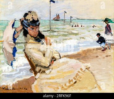 Camille on the Beach in Trouville von Claude Monet. Original aus der Kunstgalerie der Yale University. Stockfoto