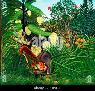 Kampf zwischen einem Tiger und einem Büffel von Henri Rousseau. Original aus dem Cleveland Museum of Art. Stockfoto