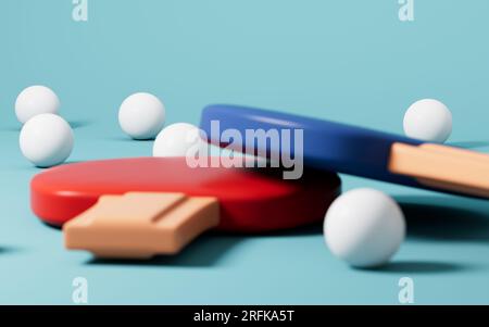 Cartoon-Tischtennis im grünen Hintergrund, 3D-Rendering. Digitale Zeichnung. Stockfoto