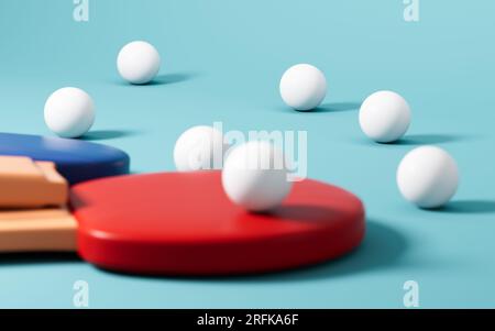 Cartoon-Tischtennis im grünen Hintergrund, 3D-Rendering. Digitale Zeichnung. Stockfoto