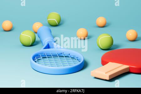Cartoon-Tennis und Ping-Pang im grünen Hintergrund, 3D-Rendering. Digitale Zeichnung. Stockfoto
