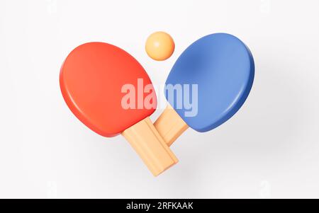 Cartoon-Tischtennis im weißen Hintergrund, 3D-Rendering. Digitale Zeichnung. Stockfoto