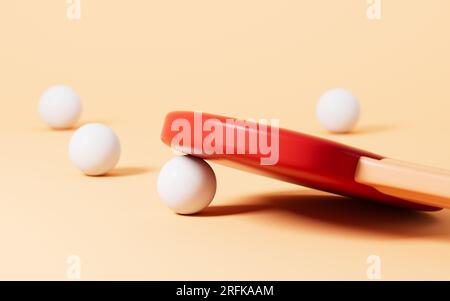 Cartoon-Tischtennis im gelben Hintergrund, 3D-Rendering. Digitale Zeichnung. Stockfoto