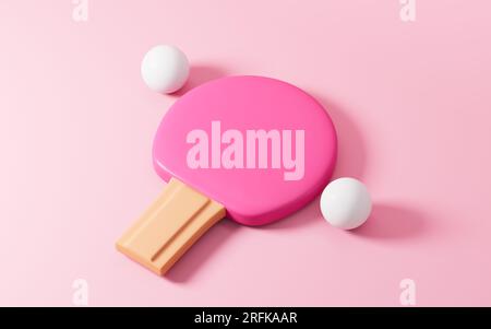 Cartoon-Tischtennis im pinkfarbenen Hintergrund, 3D-Rendering. Digitale Zeichnung. Stockfoto