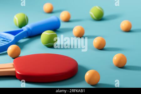 Cartoon-Tennis und Ping-Pang im grünen Hintergrund, 3D-Rendering. Digitale Zeichnung. Stockfoto