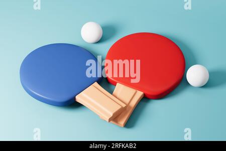 Cartoon-Tischtennis im grünen Hintergrund, 3D-Rendering. Digitale Zeichnung. Stockfoto