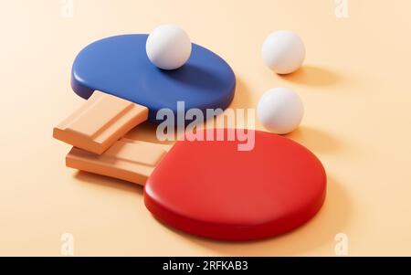 Cartoon-Tischtennis im gelben Hintergrund, 3D-Rendering. Digitale Zeichnung. Stockfoto