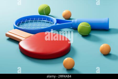 Cartoon-Tennis und Ping-Pang im grünen Hintergrund, 3D-Rendering. Digitale Zeichnung. Stockfoto