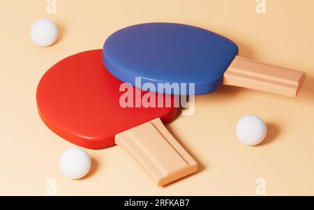 Cartoon-Tischtennis im gelben Hintergrund, 3D-Rendering. Digitale Zeichnung. Stockfoto