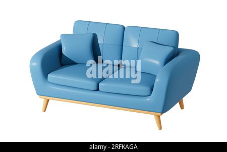 Blaues Sofamodell, 3D-Rendering. Digitale Zeichnung. Stockfoto