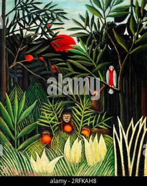 Affen und Papagei im Jungfernwald von Henri Rousseau. Original von der Barnes Foundation. Stockfoto