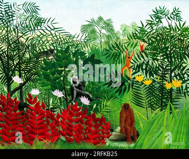 Tropischer Wald mit Affen von Henri Rousseau. Original aus der Nationalgalerie der Kunst. Stockfoto