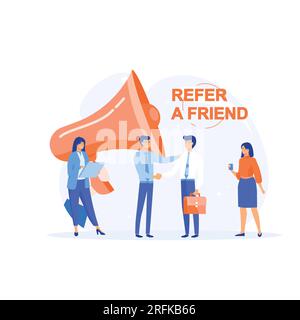 „Freunde empfehlen“-Konzept, Menschen in der Nähe von Megafon mit dem Wort „Empfehlungsprogramm“, flache, moderne Illustration Stock Vektor