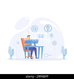 Zeitmanagement- und Produktivitätskonzept, zufriedener Geschäftsmann mit Multitasking-Fähigkeiten, flache, moderne Illustration Stock Vektor