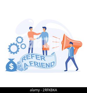 Das Konzept „Freunde werben“, die Leute rufen das Megafon an und empfehlen einen Freund, um eine Belohnung zu erhalten, eine moderne flache Vektordarstellung Stock Vektor