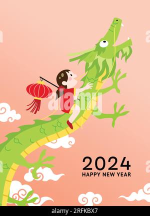 Chinesische Neujahrskarte 2024 Illustration Kind und Drache. Kind reitet asiatischen fliegenden Drachen. Stock Vektor