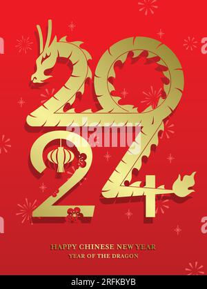 Frohes chinesisches neues Jahr mit Drachengoldpapier, Schneidestil mit 2024 Zahlen. Asiatische Dekorationselemente für Mondneujahr mit Zodiakdrachen. Stock Vektor