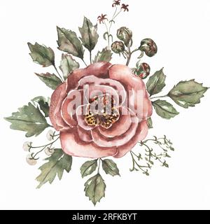 Aquarell Rosa Blumen Blumenstrauß, Blumenmotiv, Blatt und Knospen Clipart. Botanische Komposition für Hochzeit oder Grußkarte. Ein Blumenzweig mit Stockfoto