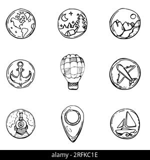 Mit Tinte von Hand gezeichnete Vektorskizze eines isolierten Objekts. Ein Satz von Symbolen Abzeichen pinnt Transport, Wandern, Camping, Natur, Positionszeiger. Design für den Tourismus Stock Vektor