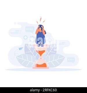 Stress im Büro, müde und verärgerte Geschäftsfrau sitzt auf einer Sanduhr und schnappt sich seinen Kopf, flache, moderne Illustration Stock Vektor