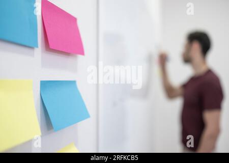 Ein Mann, der eine Präsentation auf einem Whiteboard hält Stockfoto