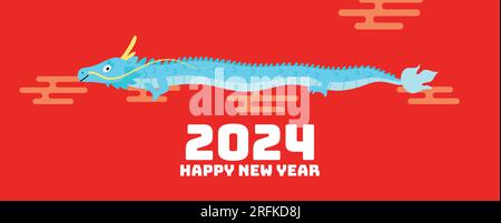 Fliegender chinesischer Drache Neujahr 2024 Karte. Happy Mond Silvester 2024 oder chinesisches Neujahr des Drachen niedliche Cartoon Karte. Stock Vektor
