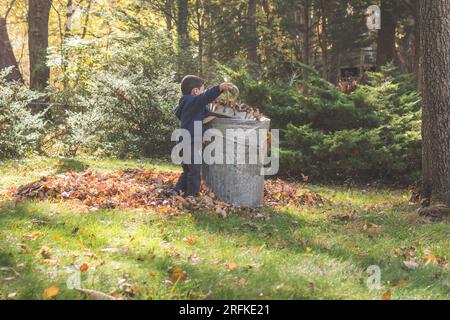 Ein Junge, der einen Haufen goldener Blätter im Grasgarten harkt. Stockfoto