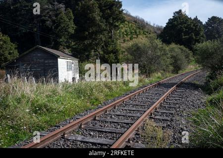 Stillgelegte Eisenbahn in der Nähe von Whangamomona, North Island, Neuseeland Stockfoto