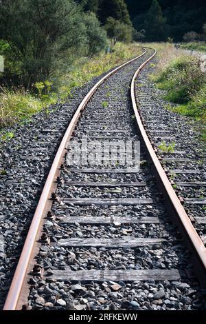 Stillgelegte Eisenbahn in der Nähe von Whangamomona, North Island, Neuseeland Stockfoto