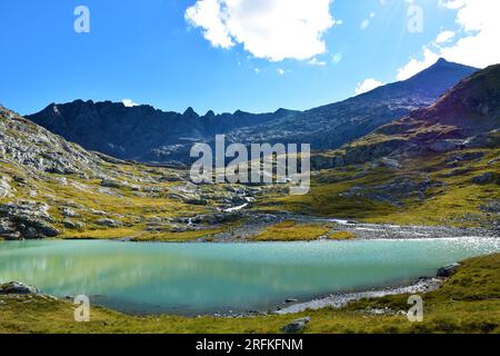 Blick auf den Mittersee im Gradental-Tal und die Berge im Untergebiet der Schober-Gruppe von Hohe Tauern in den Mittelöstlichen Alpen, Kärnten, Österreich Stockfoto