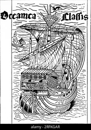 Illustrierter Holzschnitt aus der lateinischen Ausgabe von Kolumbus' Brief auf seiner ersten Reise, 1494. Ein Schreiben von Christoph Kolumbus vom 15. Februar 1493 ist das erste bekannte Dokument, in dem die Ergebnisse seiner ersten Reise, die 1492 begann und den amerikanischen Kontinent erreichte, bekannt gegeben werden. Stockfoto