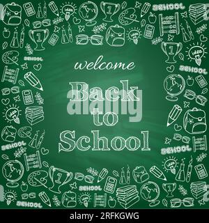 Willkommen zurück auf der Schulkarte. Der Doodle Pen hat einen gezeichneten Hintergrund. Vektordarstellung. Stock Vektor
