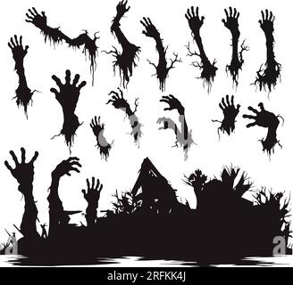 Zombie-Hände-Silhouette. Gruselige zombiekornige Lämmer ragen aus dem Friedhof-Boden-Vektor-Illustration-Set. Halloween Zombie Hände Vektor auf weiß Stock Vektor