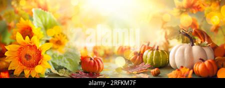 Festliche Herbstdekor mit Kürbissen, Blumen und Herbstblättern. Konzept für Thanksgiving oder Halloween mit Kopierbereich Stockfoto